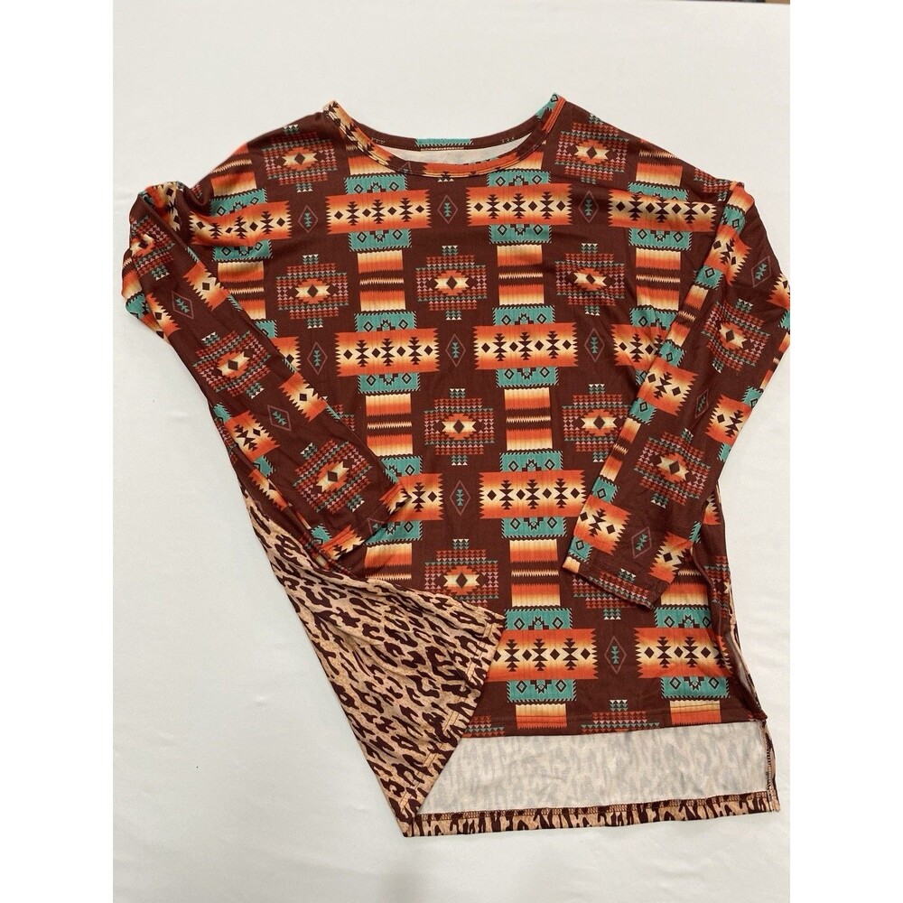 Boutique Aztec Southwestern Leopard Long Sleeve Top XL Tunic